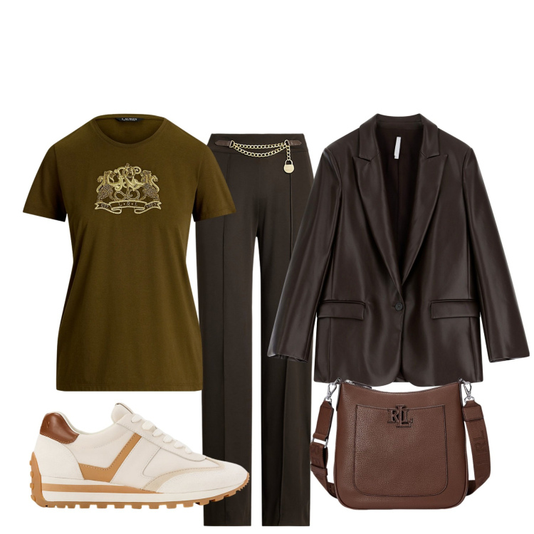 Outfit donna - Visita di controllo. Stile Basic per Tutti i giorni. Abbinamento con blazer, borse a tracolla, sneakers, pantaloni, t-shirt.