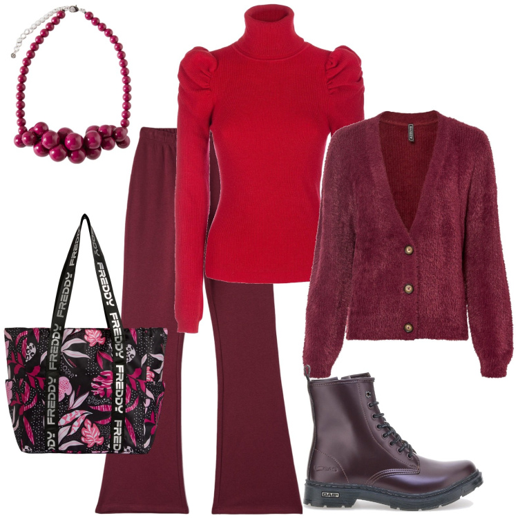 Outfit donna - Total look #2000344. Stile Casual per Tutti i giorni. Abbinamento con cardigans, pantaloni, maglieria, shopping bag, anfibi, collane.