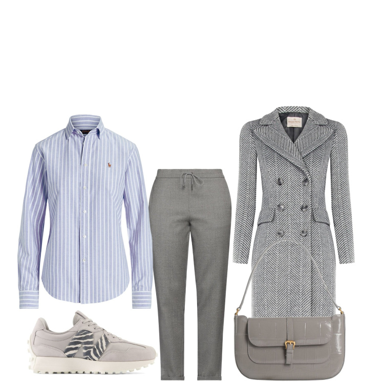 Outfit donna - Un po\' rigata un po\' gessata. Stile Basic per Tutti i giorni. Abbinamento con pantaloni, borse a mano, sneakers, cappotti, camicie.