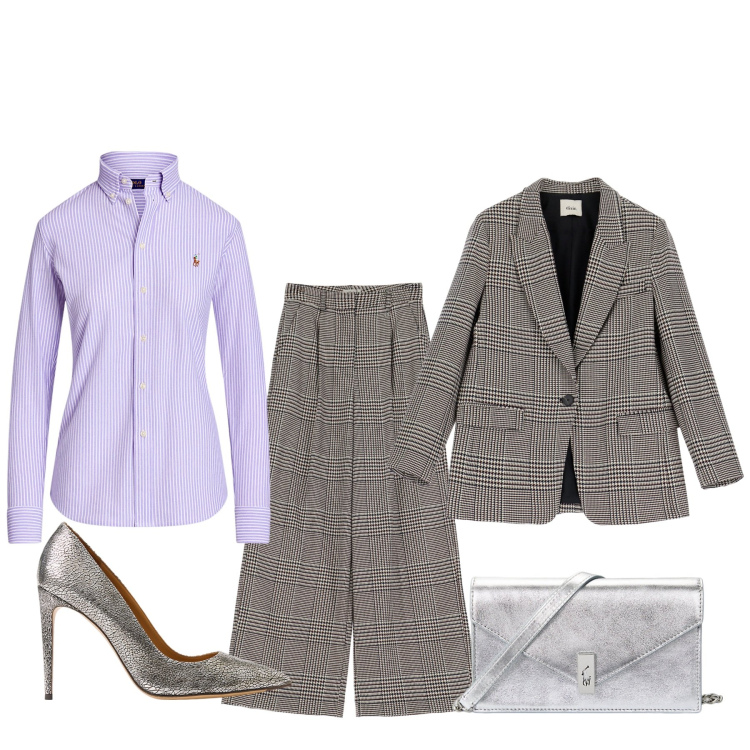 Outfit donna - Un tocco di argento. Stile Bon Ton per Serata fuori. Abbinamento con pantaloni, blazer, camicie, clutch, décolleté.