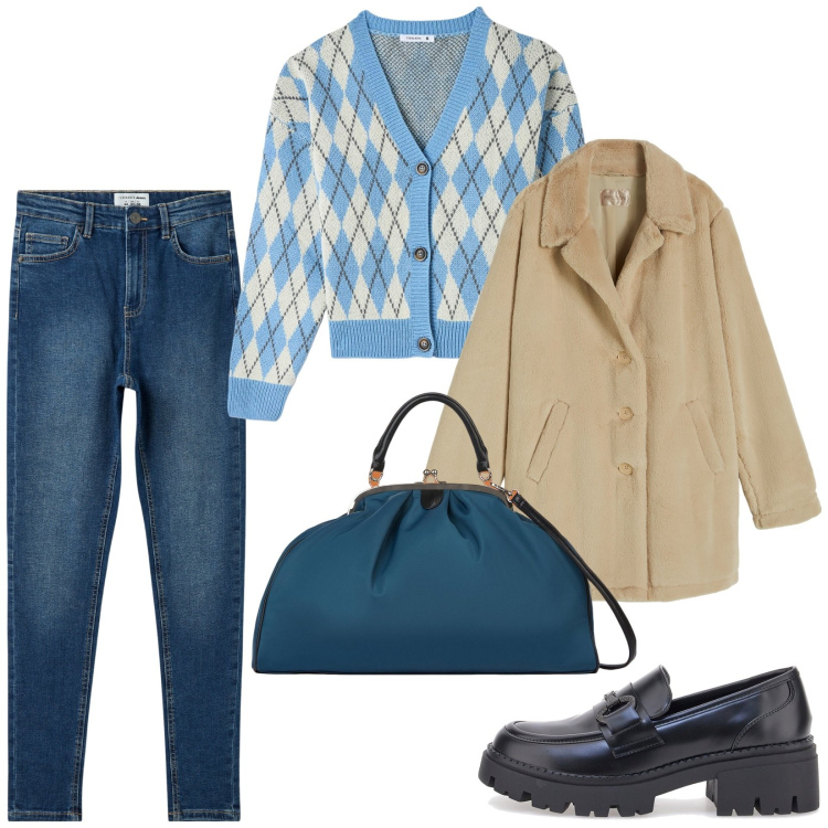 Outfit donna - Total look #2000355. Stile Preppy per Tutti i giorni. Abbinamento con jeans skinny, cardigans, cappotti, mocassini, borse a spalla.