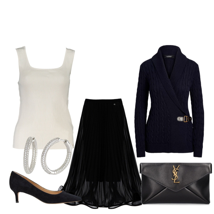 Outfit donna - L\'importanza della gonna. Stile Bon Ton per Cerimonia. Abbinamento con orecchini, gonne lunghe, maglieria, décolleté, pochette, canottiere.