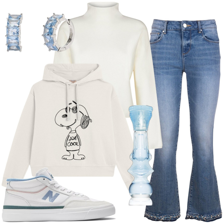 Outfit donna - Total look #2000367. Stile Sporty chic per Tutti i giorni. Abbinamento con profumi, orecchini, sneakers, jeans bootcut, felpe con cappuccio, cardigans.