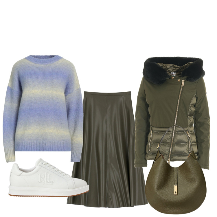 Outfit donna - Ma che maglione. Stile Basic per Tutti i giorni. Abbinamento con pullovers, blazer, sneakers, borse a spalla, gonne.