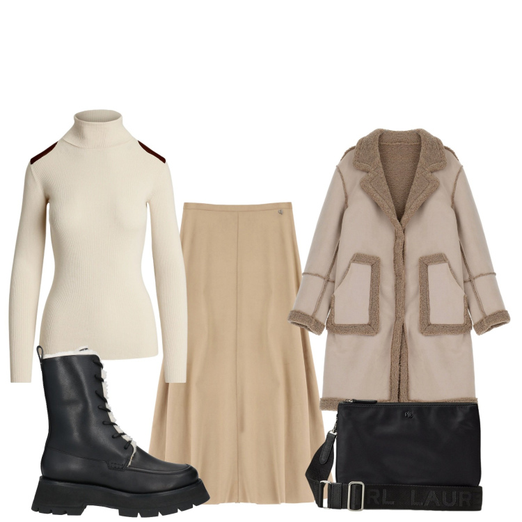 Outfit donna - Bella al caldo. Stile Basic per Tutti i giorni. Abbinamento con stivaletti, cappotti, gonne longuette, maglieria, borse a tracolla.