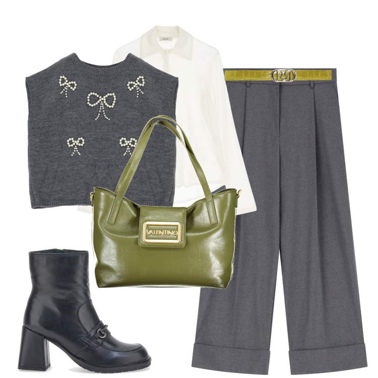 Outfit donna - City. Stile Trendy per Tutti i giorni. Abbinamento con cinture, pantaloni, maglieria, camicie, stivaletti, borse a spalla.