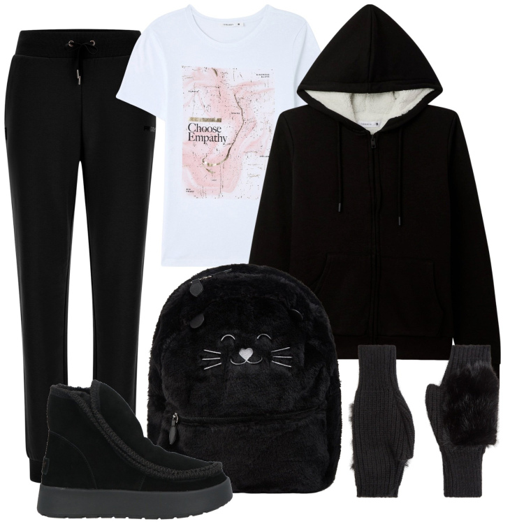 Outfit donna - Total look #2000429. Stile Trendy per Tutti i giorni. Abbinamento con stivaletti, felpe con cappuccio, t-shirt, zaini, guanti, pantaloni.