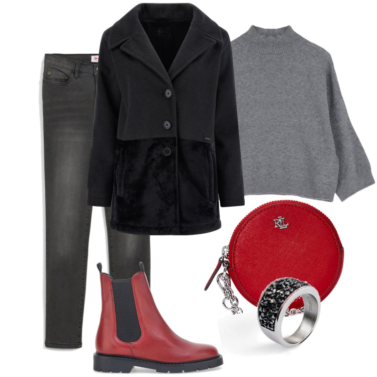 Outfit donna - Dettagli. Stile Casual per Tutti i giorni. Abbinamento con jeans slim fit, anelli, pullovers, cappotti, pochette, stivaletti chelsea.