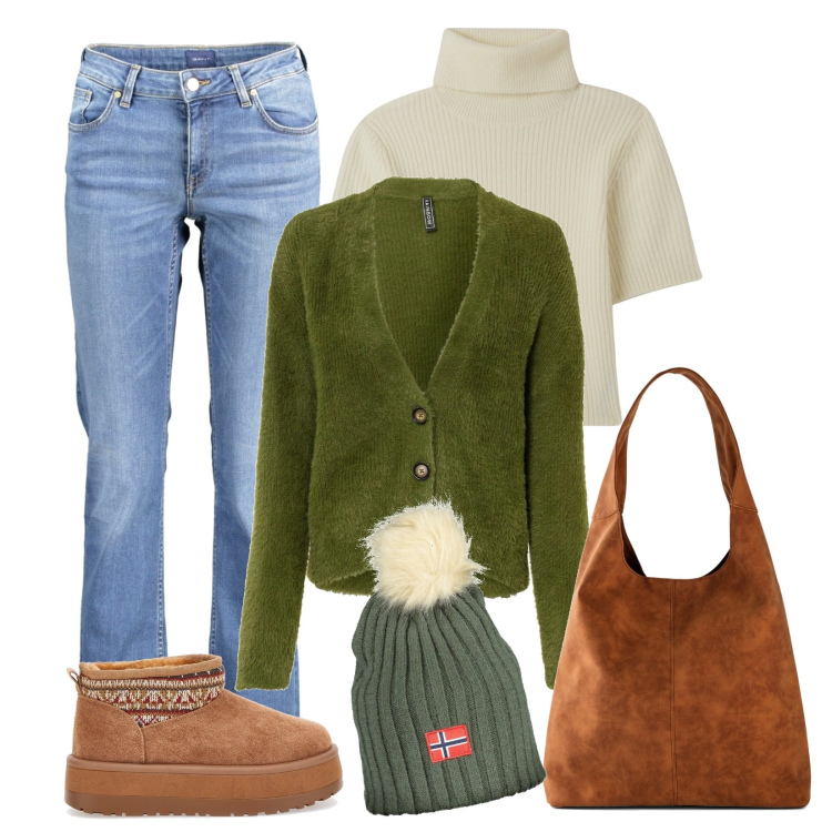 Outfit donna - Domenica mattina. Stile Casual per Tutti i giorni. Abbinamento con cardigans, shopping bag, maglieria, jeans, stivaletti, berretti.