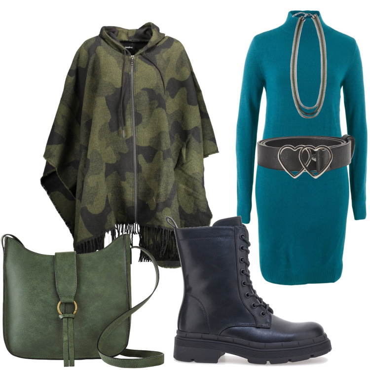 Outfit donna - Il vestito verde petrolio. Stile Casual per Tutti i giorni. Abbinamento con borse a tracolla, vestiti, cinture, anfibi, collane, cappotti.