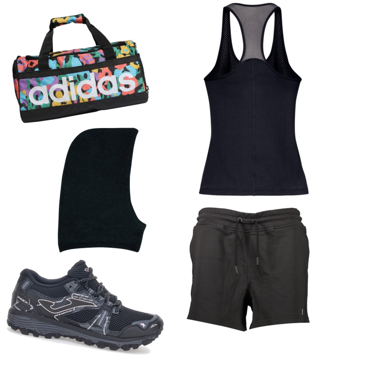 Outfit donna - In palestra. Stile Basic per Sport. Abbinamento con scarpe sportive, borse sportive, canottiere, pantaloni, sciarpe.