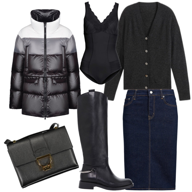 Outfit donna - Il freddo avanza. Stile Urban per Tutti i giorni. Abbinamento con body, cardigans, stivali, piumini, gonne, borse a tracolla.