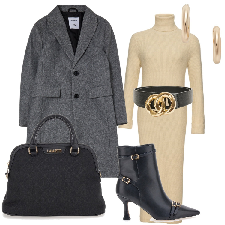 Outfit donna - Il vestito lungo dolcevita. Stile Casual per Ufficio. Abbinamento con vestiti, cinture, cappotti, orecchini, borse a spalla, stivaletti.