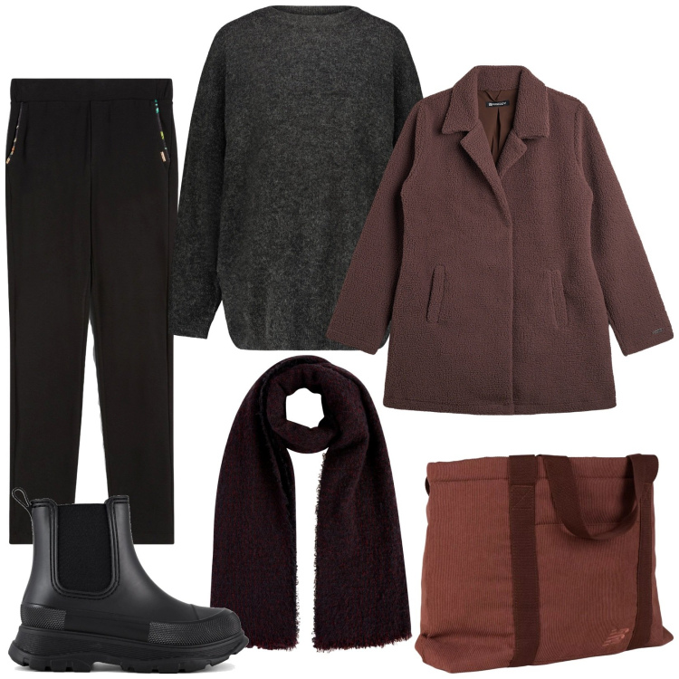 Outfit donna - Cappotto marrone. Stile Basic per Tutti i giorni. Abbinamento con borse tote, blazer, pantaloni, maglieria, stivali, sciarpe.
