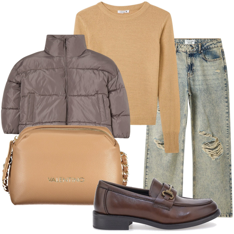 Outfit donna - Tonalita’ di marrone. Stile Casual per Tutti i giorni. Abbinamento con blazer, jeans strappati, maglieria, mocassini, borse a tracolla.