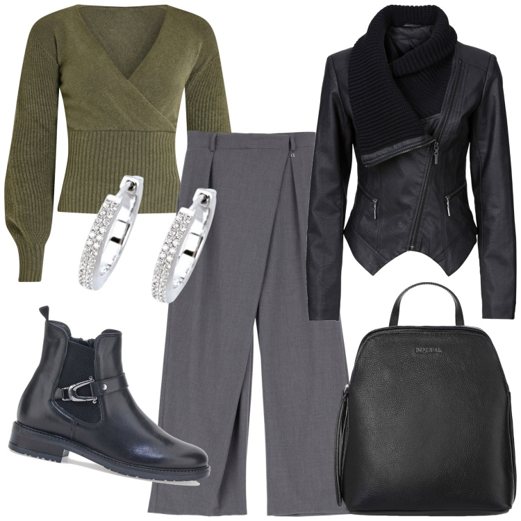 Outfit donna - In ufficio. Stile Basic per Ufficio. Abbinamento con blazer, orecchini, maglieria, zaini, pantaloni, stivaletti.
