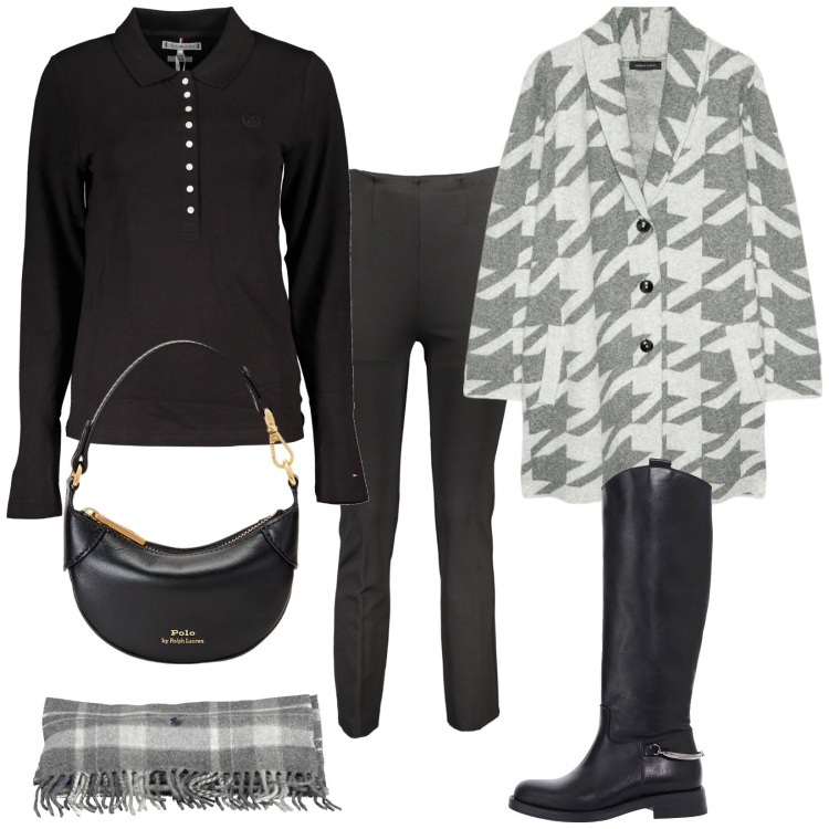 Outfit donna - Total look #2000523. Stile Casual per Tutti i giorni. Abbinamento con stivali, portafogli, pantaloni, polo, cardigans, sciarpe.