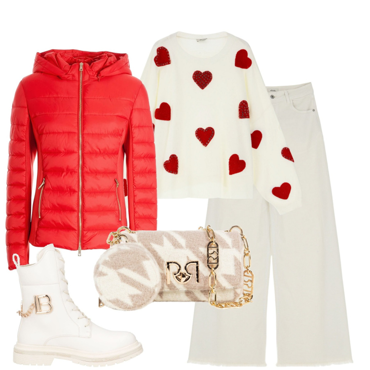 Outfit donna - Rosso giocoso. Stile Romantica per Tutti i giorni. Abbinamento con anfibi, borse a tracolla, piumini, maglieria, jeans.
