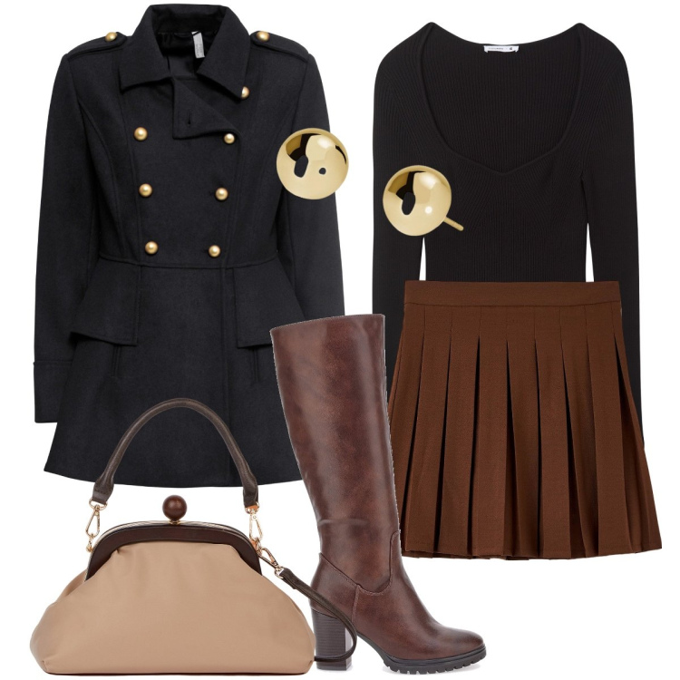 Outfit donna - Bottoni dorati. Stile Preppy per Serata fuori. Abbinamento con cappotti, orecchini, minigonne, maglieria, clutch, stivali.