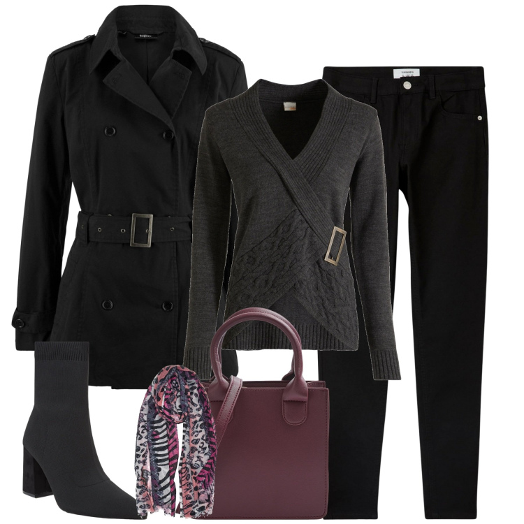 Outfit donna - City. Stile Basic per Tutti i giorni. Abbinamento con trench, pullovers, pantaloni skinny, shopping bag, stivaletti, foulard.