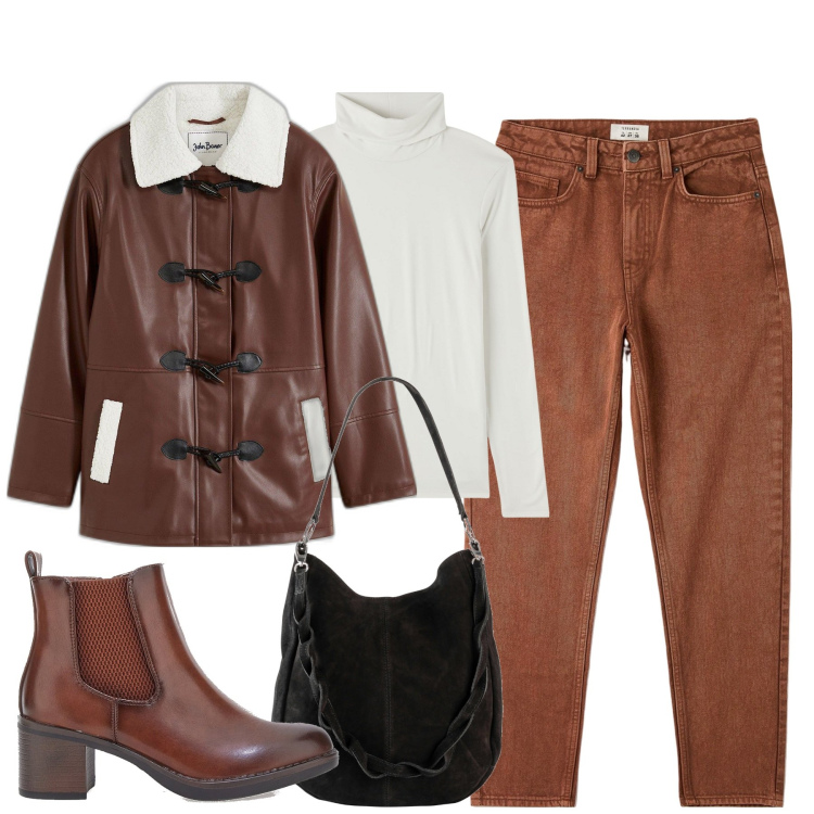 Outfit donna - City. Stile Basic per Tutti i giorni. Abbinamento con montgomery, borse a mano, jeans mom, maglieria, stivaletti.