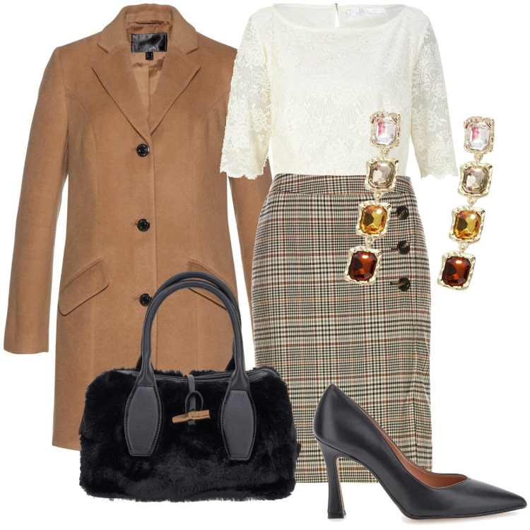 Outfit donna - Vera bon ton. Stile Bon Ton per Ufficio. Abbinamento con gonne, cappotti, bluse, orecchini, décolleté, borse a mano.