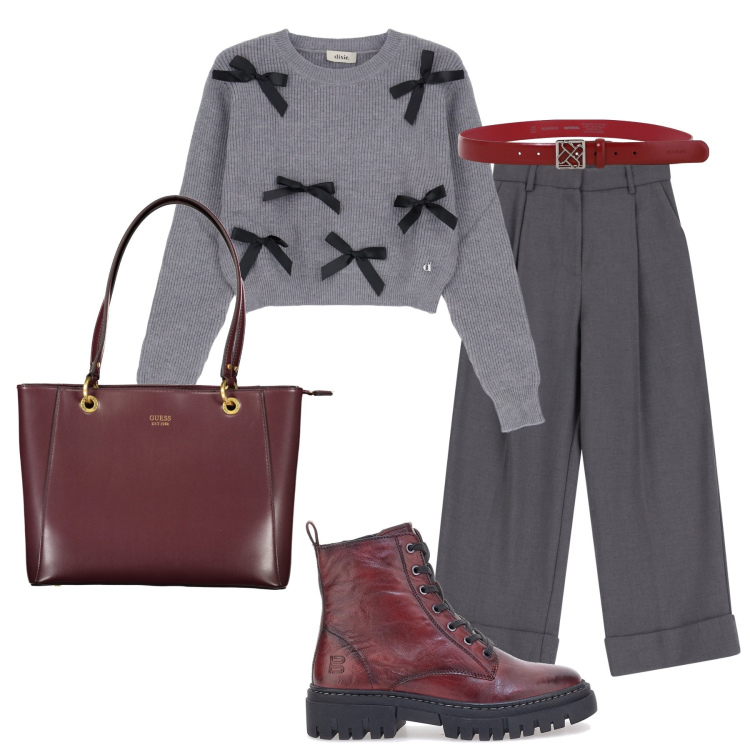 Outfit donna - Grigio e bordeaux. Stile Casual per Tutti i giorni. Abbinamento con pantaloni, cinture, maglieria, anfibi, borse a spalla.
