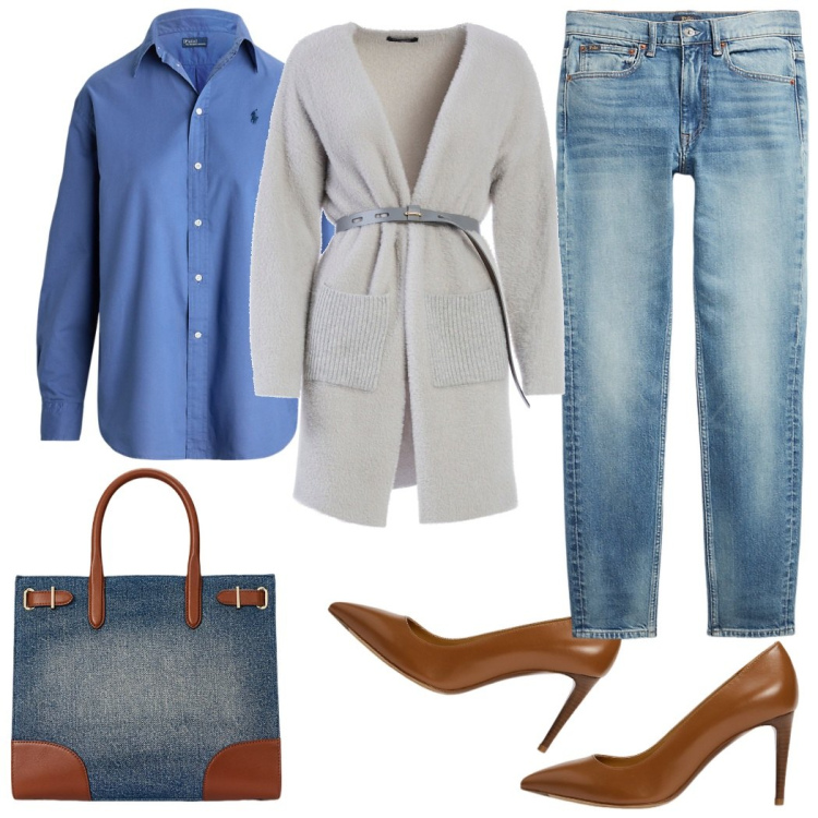 Outfit donna - Camicia e cardi. Stile Glamour per Ufficio. Abbinamento con cardigans, décolleté, borse tote, camicie, jeans skinny.