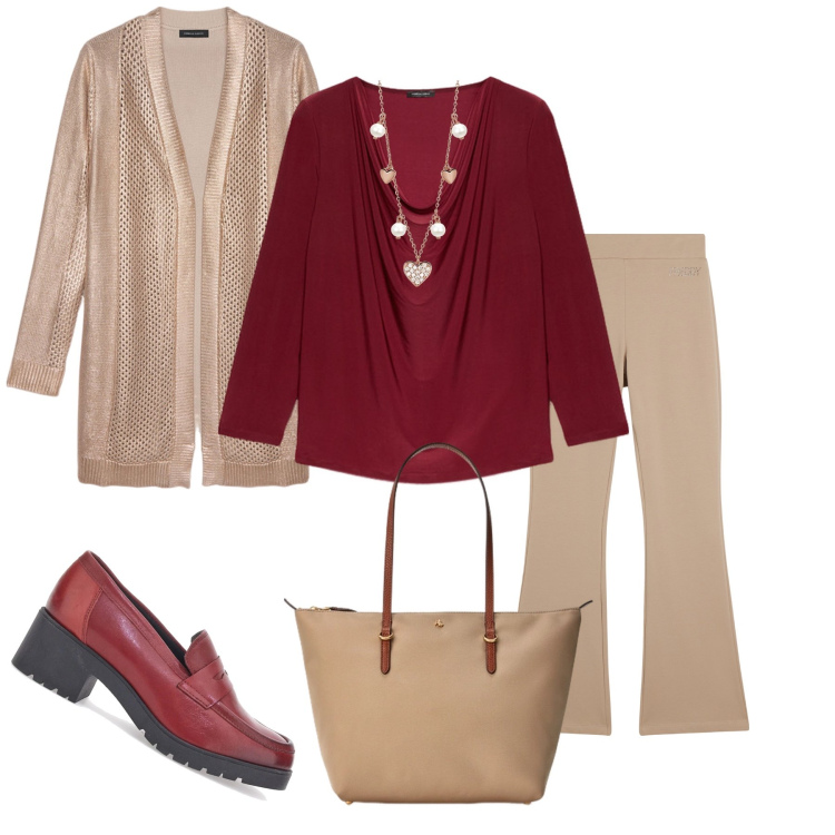 Outfit donna - mocassini bordeaux tutto il giorno. Stile Bon Ton per Ufficio. Abbinamento con collane, pantaloni, borse tote, mocassini, maglieria, cardigans.