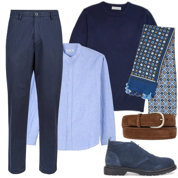Outfit uomo - Celeste & blu. Stile Trendy per Ufficio. Abbinamento con camicie, cinture, pantaloni, scarpe stringate, pullovers, sciarpe.
