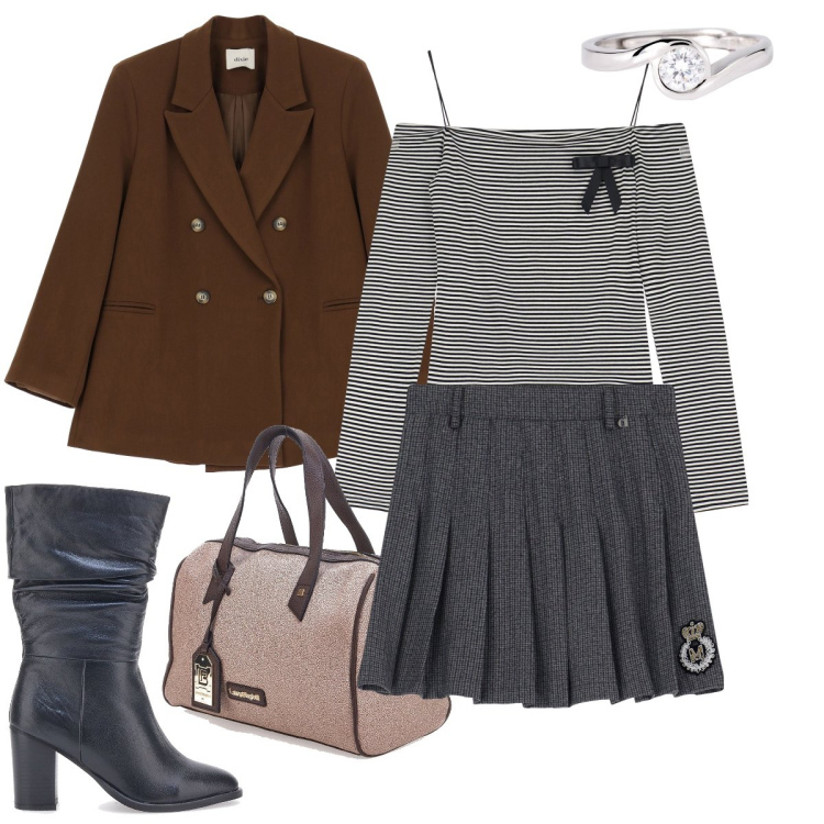 Outfit donna - La borsa a bauletto. Stile Preppy per Tutti i giorni. Abbinamento con anelli, blazer, minigonne, maglieria, stivali, borse a mano.