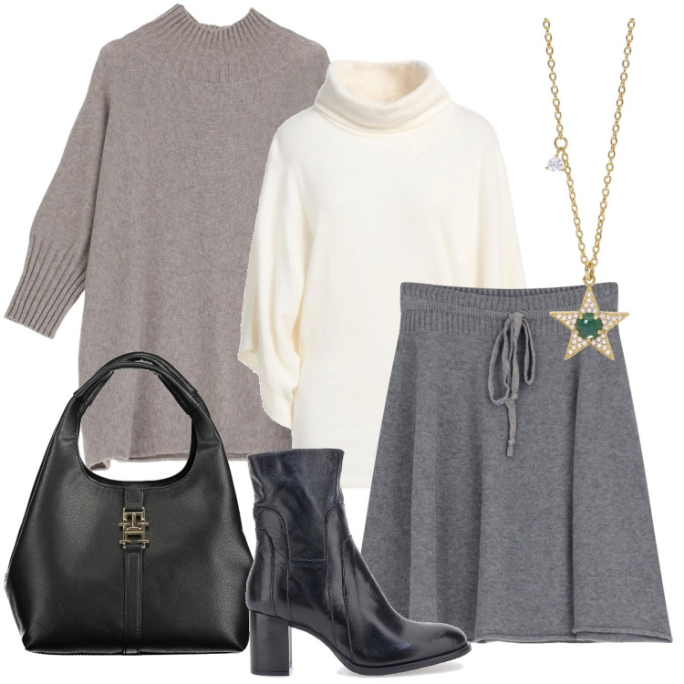 Outfit donna - Morbida maglia. Stile Trendy per Ufficio. Abbinamento con maglieria, collane, minigonne, cappe, stivaletti, borse a tracolla.