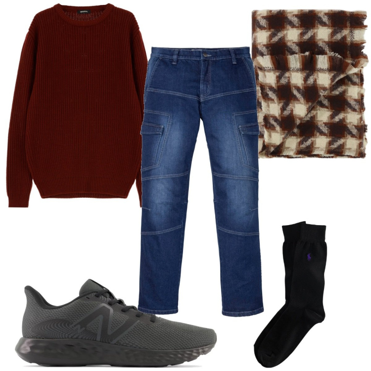 Outfit uomo - Maglione oversize e jeans. Stile Trendy per Tutti i giorni. Abbinamento con jeans dritti, sneakers, maglieria, sciarpe, calzini.