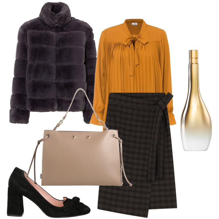 Outfit donna - La gonna portafoglio. Stile Vintage retrò per Ufficio. Abbinamento con bluse, ecopellicce, décolleté, borse a mano, profumi, gonne longuette.