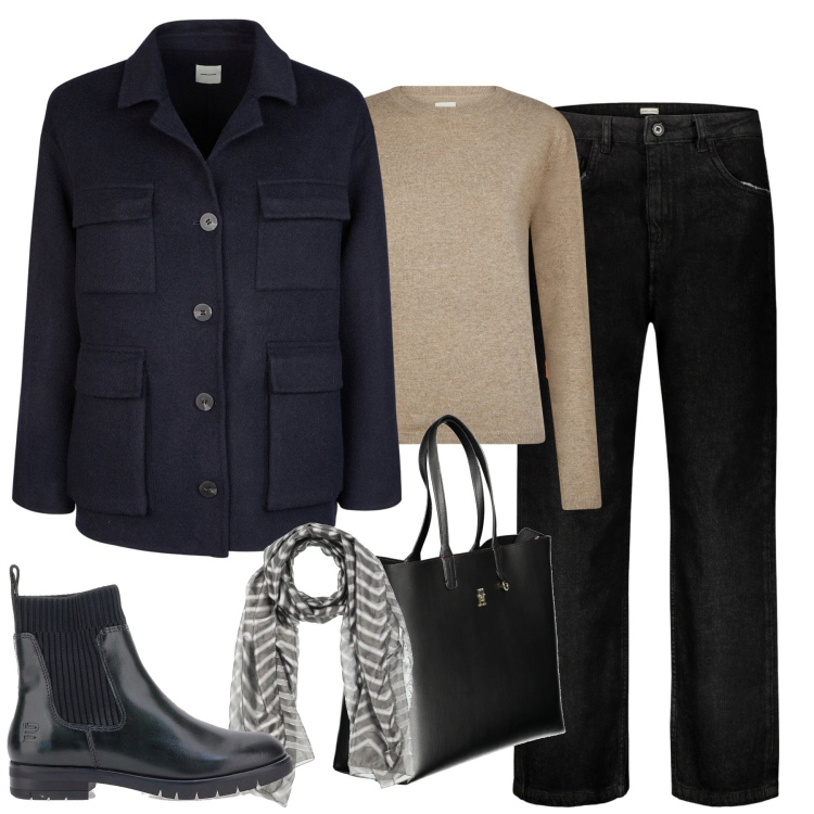 Outfit donna - Pratica tutti i giorni. Stile Basic per Tutti i giorni. Abbinamento con sciarpe, stivaletti, jeans, maglieria, borse a spalla, cappotti.