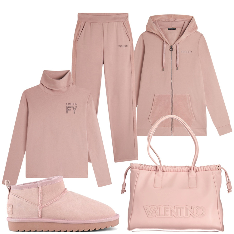 Outfit donna - Total look #2000697. Stile Casual per Tutti i giorni. Abbinamento con pantaloni, felpe con cappuccio, t-shirt, stivali, borse a spalla.