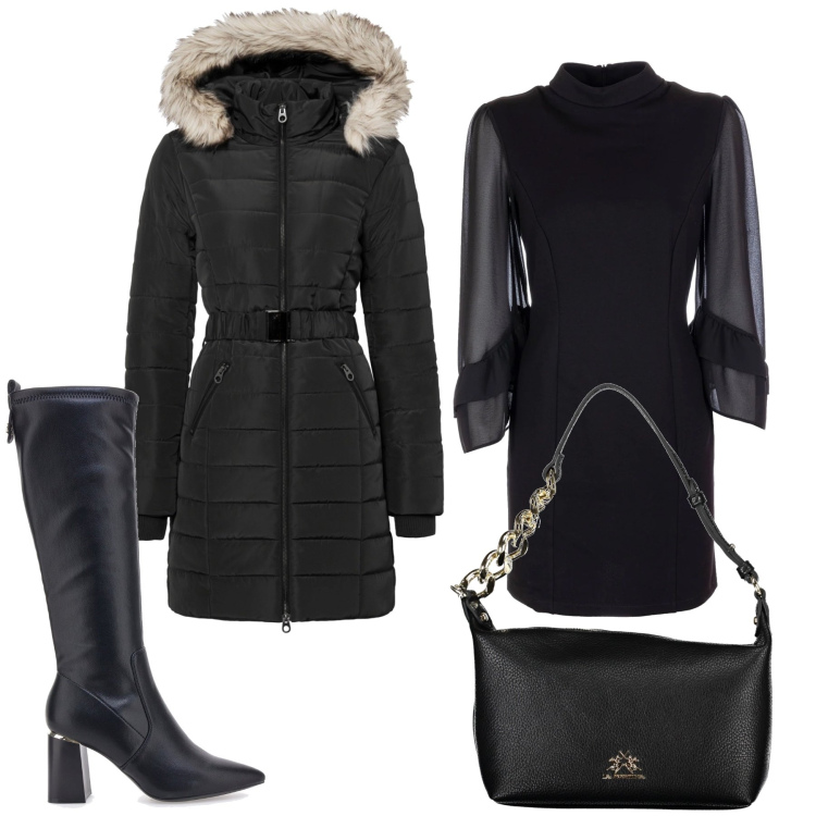 Outfit donna - Total look #2000702. Stile Glamour per Serata fuori. Abbinamento con giacche, vestiti, stivali, borse a spalla.