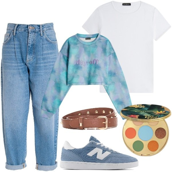 Outfit donna - Stile anni \'90. Stile Sporty chic per Tutti i giorni. Abbinamento con ombretti, sneakers, jeans, cinture, felpe, t-shirt.