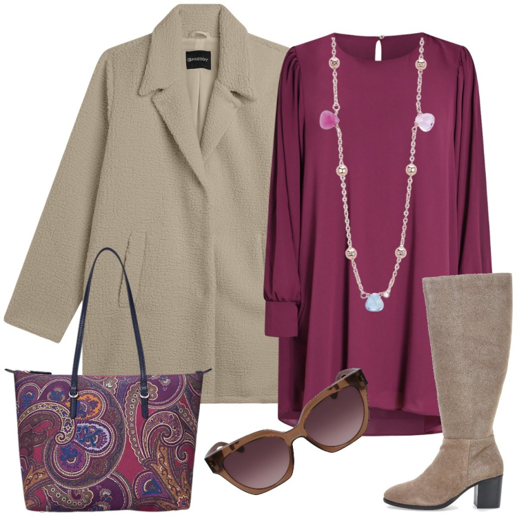 Outfit donna - In città. Stile Basic per Tutti i giorni. Abbinamento con collane, vestiti corti, cappotti, borse tote, stivali, occhiali da sole.