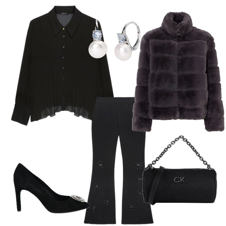Outfit donna - Black. Stile Casual chic per Tutti i giorni. Abbinamento con ecopellicce, décolleté, borse a mano, orecchini, pantaloni, camicie.