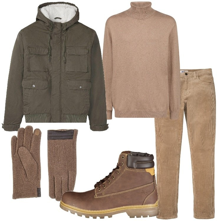 Outfit uomo - Velluto a coste. Stile Casual per Tutti i giorni. Abbinamento con pantaloni, piumini, stivali, maglieria, guanti.