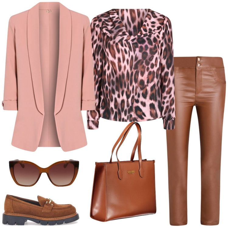 Outfit donna - Pelle cognac. Stile Casual chic per Ufficio. Abbinamento con blazer, pantaloni, bluse, mocassini, occhiali da sole, borse a spalla.