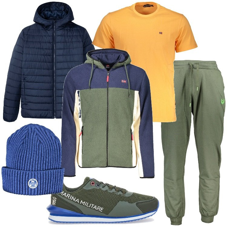 Outfit uomo - Una corsa al parco. Stile Casual per Sport. Abbinamento con giacche, sneakers, giacche sportive, pantaloni, t-shirt, berretti.