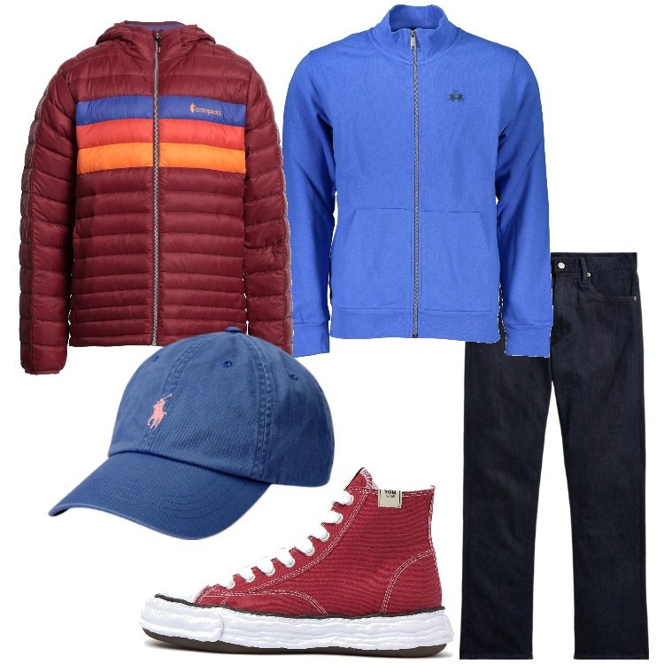Outfit uomo - Sporty Chic. Stile Trendy per Tutti i giorni. Abbinamento con piumini, jeans dritti, cappelli, sneakers, felpe.