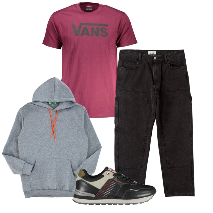 Outfit uomo - Tocco rosa. Stile Urban per Tutti i giorni. Abbinamento con jeans, felpe con cappuccio, sneakers, t-shirt.