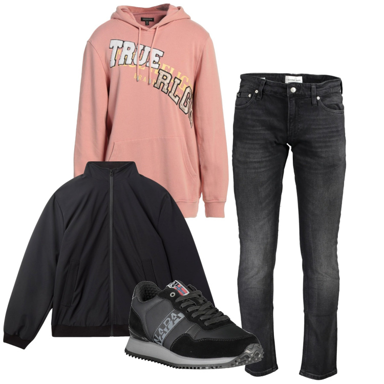 Outfit uomo - In centro. Stile Urban per Tutti i giorni. Abbinamento con felpe con cappuccio, giacche, jeans slim fit, sneakers.