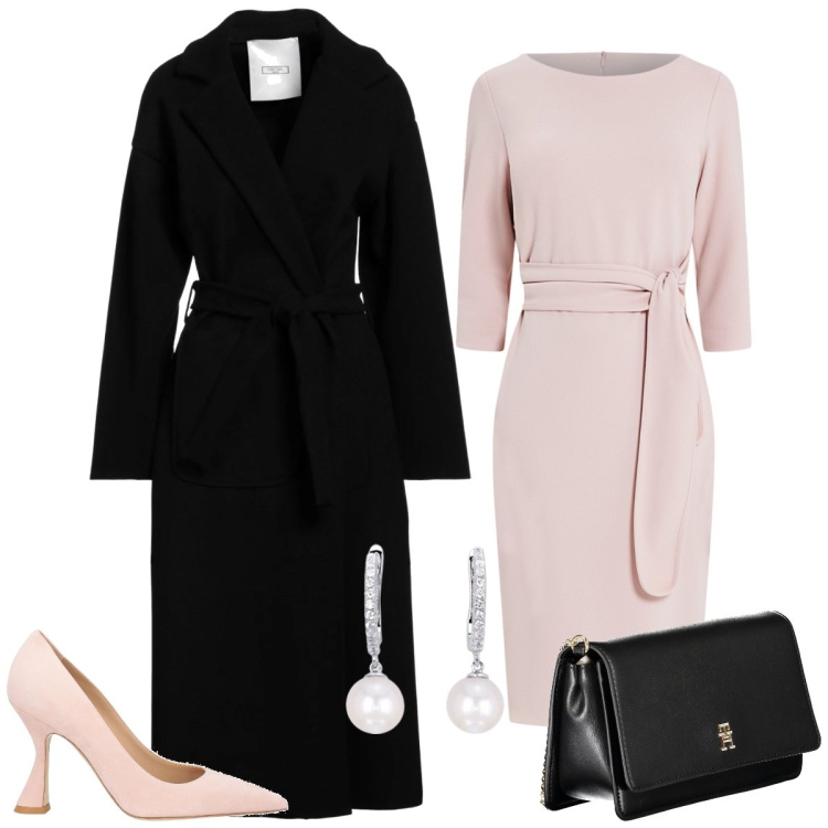 Outfit donna - Pranzo chic. Stile Bon Ton per Tutti i giorni. Abbinamento con décolleté, cappotti, orecchini, vestiti midi/longuette, borse a tracolla.