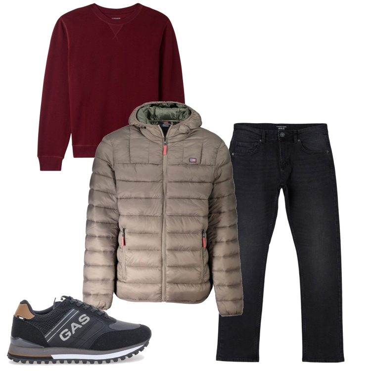 Outfit uomo - Il piumino tortora. Stile Casual per Tutti i giorni. Abbinamento con jeans dritti, felpe, sneakers, giacche.