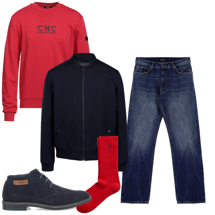 Outfit uomo - Rossovivo. Stile Casual per Tutti i giorni. Abbinamento con felpe, jeans dritti, calzini, scarpe stringate, bomber.