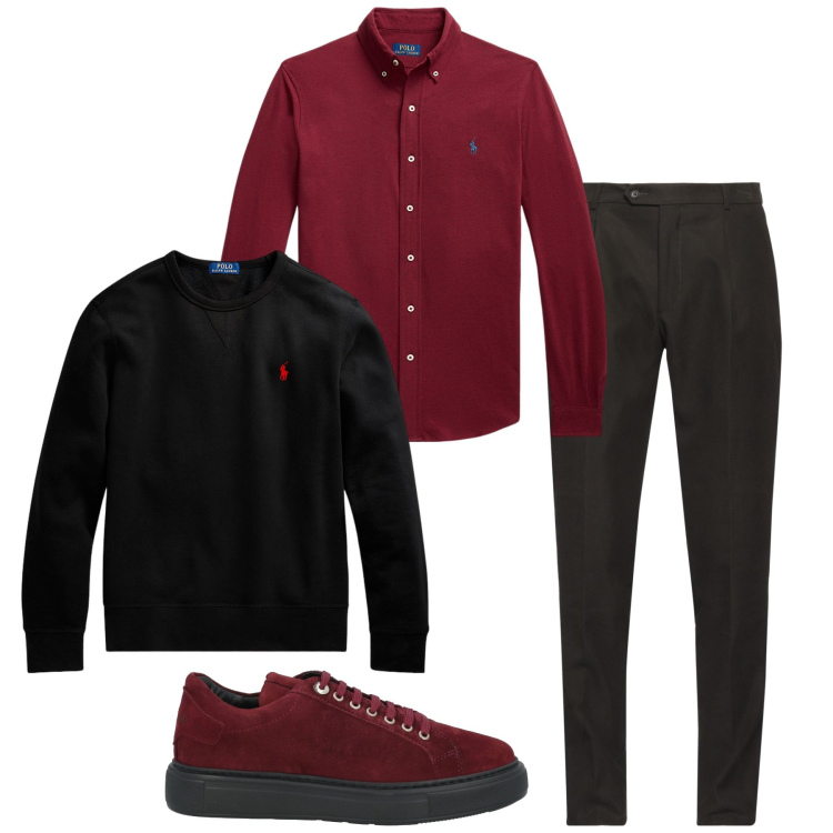 Outfit uomo - Rosso vino. Stile Trendy per Serata speciale. Abbinamento con sneakers, pantaloni, felpe, camicie.